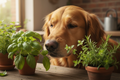 dog sniffing herb